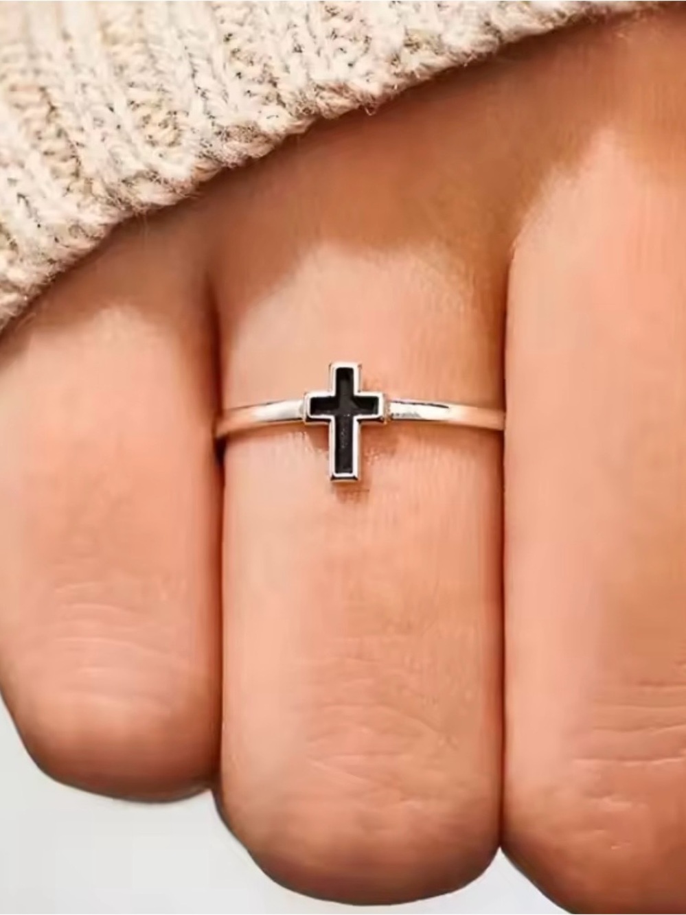 Delicate Silver Cross Ring with Black Inlay - Women's Jewelry size 8